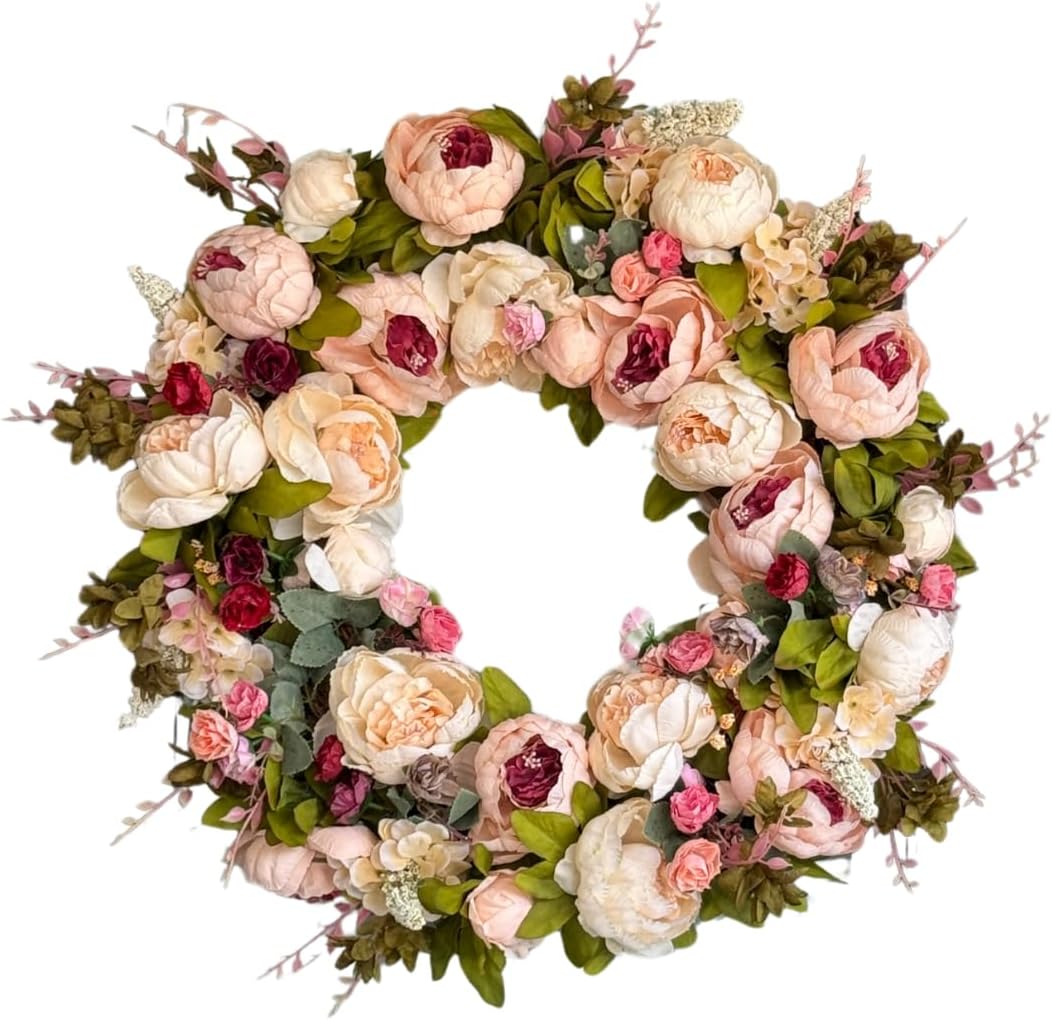 Zoey 23 Blush Burgundy Silk Peony Flower Wreath, All Season Artificial Floral Wreath for Front Door, Indoor Outdoor Rustic Farmhouse Home Decor, Spring Summer Wedding Wall Decoration